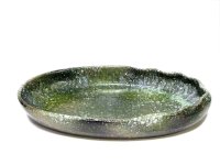 特-６２７　手作り窯肌緑釉１４号変形小判水盤