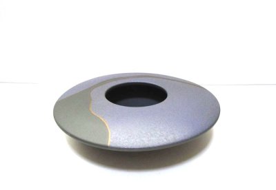 画像4: 手造り グレー/モスグリーン９号丸円盤型花器 T-０７-３４