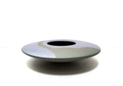 画像3: 手造り グレー/モスグリーン９号丸円盤型花器 T-０７-３４