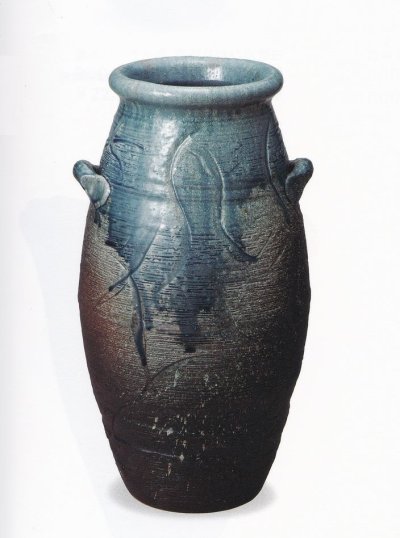 画像1: 青ビードロ耳付花入 １９号　B004-08