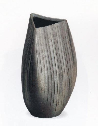 画像1: 黒銀彩ストライプ花入 １５号　B005-02
