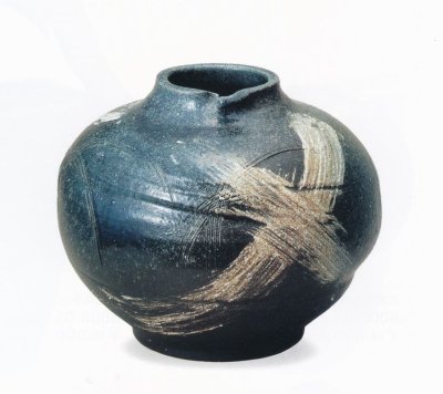 画像1: 青釉刷毛目丸花瓶　１３号　B009-04