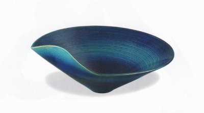 画像1: ブルーガラス曲げ丸水盤　B021-04