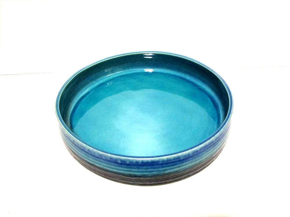手造り 青ガラス釉１０.５号丸切立水盤 T-０３－２０ - 花器ギャラリー 